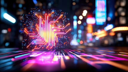 Fototapete - vibrant digital transformation of city, featuring glowing circuit board design with colorful lights and abstract patterns, symbolizing technology and innovation
