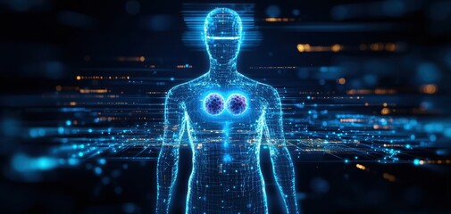 Poster - A glowing digital human figure with vibrant energy, represented in blue hues, symbolizes the intersection of technology and biology.