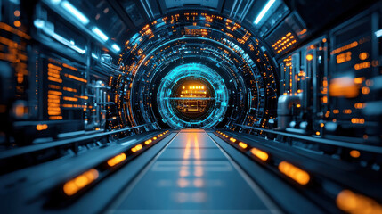 Fototapete - futuristic tunnel with glowing blue and orange lights, showcasing advanced technology and digital interfaces. atmosphere is immersive and high tech, evoking sense of exploration
