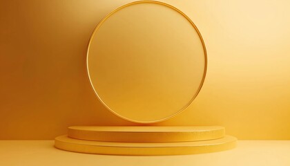 Poster - Elegant Gold Stage Design Featuring Geometric Shapes, Empty Pedestal Scene On Two Levels, Circular Wall Decor, Gradient Transition, And Platform Podium For Product Presentations.