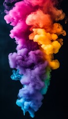 Wall Mural - rainbow explosion colorful abstract smoke plume on black background, vibrant and artistic