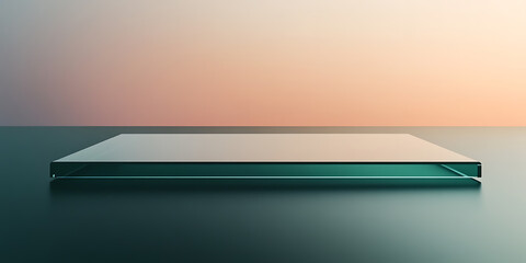 Aufkleber - Minimalist Product Display: A clear glass platform on a teal surface against a soft peach-colored background.  Ideal for showcasing small items.