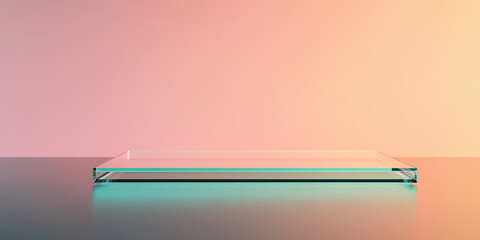 Aufkleber - Minimalist display stage. A single clear platform sits on a reflective surface against a pink background, presenting a clean and modern look.
