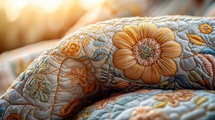 Poster - A beautifully embroidered quilt featuring floral patterns in warm, inviting colors, softly illuminated by natural light.