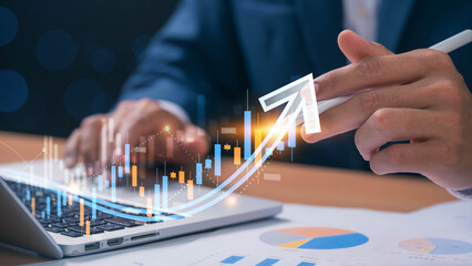 Aufkleber - Concept of financial growth and investment success. businessman analyzing rising stock market trends, emphasizing stock trading, forex trends, and cryptocurrency market performance