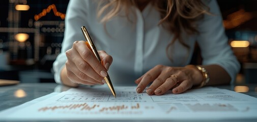 Poster - A person is writing on a document with a gold pen, showcasing a focus on work, creativity, and professionalism in a stylish environment.