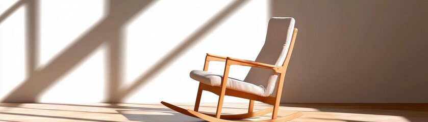 Poster - A cozy wooden rocking chair casts shadows in a sunlit room, creating a serene and inviting atmosphere.