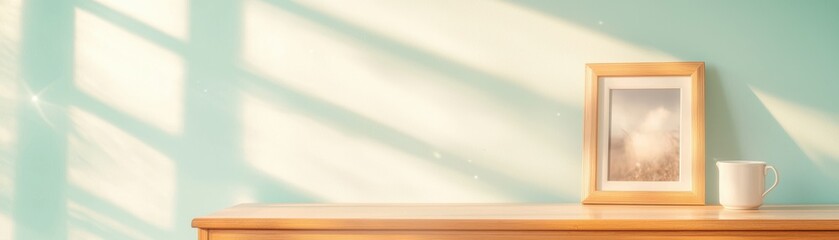Poster - A serene interior scene featuring a wooden shelf, a framed picture, and a cup, illuminated by soft sunlight casting shadows on a light blue wall.