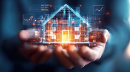Poster - A person is holding a digital house symbolizing modern real estate technology and data analytics in property management.