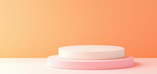 Poster - A minimalistic display features two circular platforms, one white and one pink, against a soft gradient orange background.