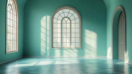 Poster - A bright, tranquil room with turquoise walls, large windows, and soft sunlight casting shadows on the floor.