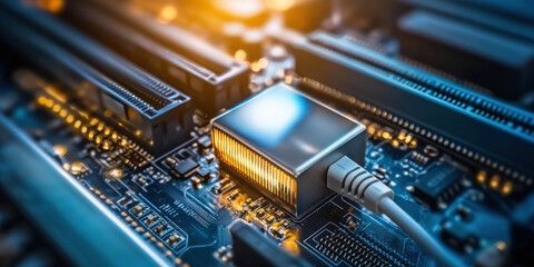Poster - cloud storage concept, High tech circuit board with glowing components and network cable