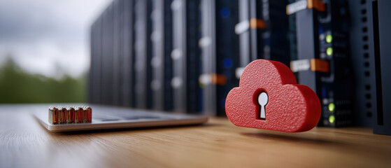 Poster - cloud storage concept, red cloud lock symbolizing cloud security next to laptop and servers
