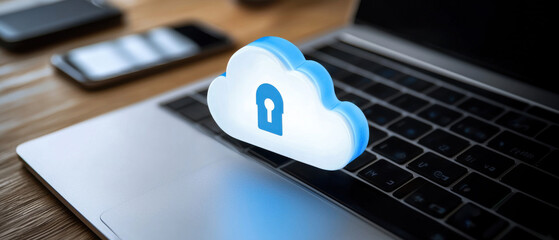 Poster - cloud storage concept, Secure cloud storage with padlock symbol on laptop keyboard