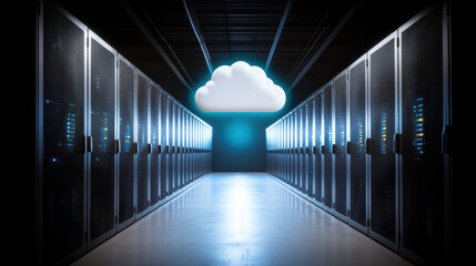 Poster - cloud storage concept, Futuristic data center with cloud computing visualization and servers