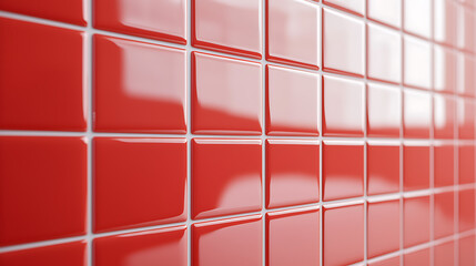 Poster - A vibrant wall of glossy, coral-colored square tiles with white grout lines. The tiles reflect light, creating a modern and clean aesthetic.