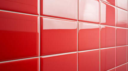 Poster - A wall with tiles of vibrant red color, separated by a white border. Tiles create a symmetrical pattern. The scene offers a close-up perspective.