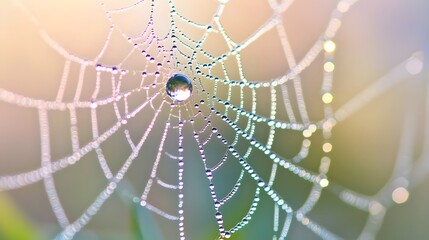 Dew Covered Spiderweb with Rainbow Reflections Nature Macro Photography