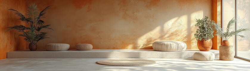 Poster - serene interior space featuring warm orange walls, natural light, and minimalist decor. room includes soft cushions, potted plants, and round rug, creating calming atmosphere