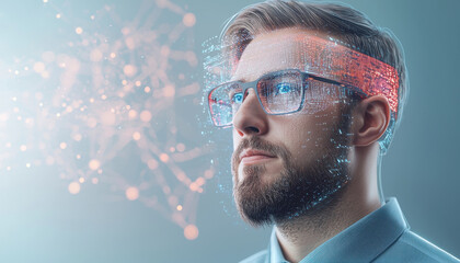 Aufkleber - Man with glasses and digital interface, showcasing technology and innovation. futuristic design highlights integration of digital elements into everyday life