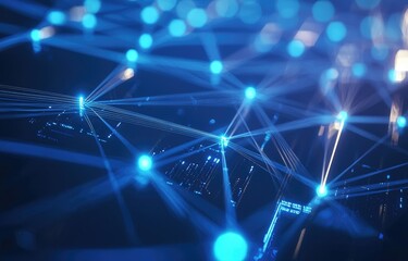 Poster - A futuristic network visualization with glowing blue nodes connected by digital lines, representing data flow and connectivity. Ideal for technology, cybersecurity, and communication themes