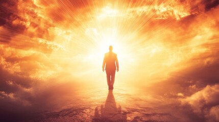 Poster - A breathtaking sunset envelops the horizon with vibrant hues, while a solitary figure strides purposefully toward a radiant crossover of light, symbolizing hope and new beginnings
