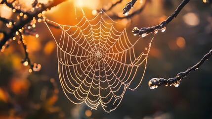 dew covered spiderweb at sunrise nature s intricate design autumnal colors