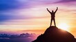 © 锴 张 - Silhouette of a victorious man standing on a mountain peak with arms raised, symbolizing success, achievement, leadership, and personal growth in a business and motivational concept.