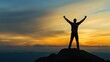 © 锴 张 - Silhouette of a victorious man standing on a mountain peak with arms raised, symbolizing success, achievement, leadership, and personal growth in a business and motivational concept.