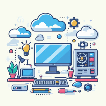 computer, technology, digital, business, communication, laptop, tech, device, design, pc, work, internet, office, web, desktop, monitor, employee, information, modern, data, electronic, vector, backgr