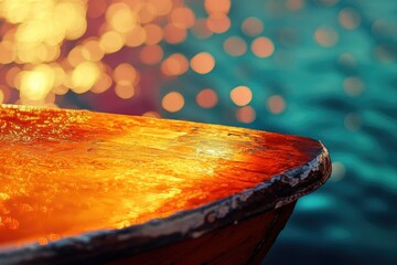 Canvas Print - Golden sunlight reflecting on a wooden boat, teal water blurred in the background.