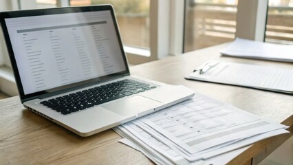 Poster - Workspace Efficiency: A laptop on a wooden desk, with a pile of documents next to it. Capture the essence of modern work life.