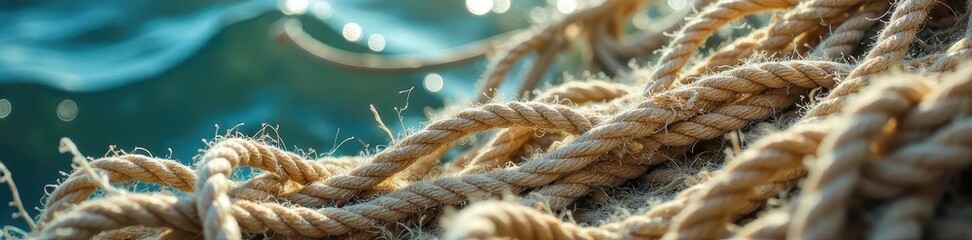 Beige fishing net with thick rope, nautical theme, background, rope, twine