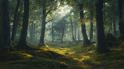 Wall Mural - Sunlit Path Through a Mystical Forest