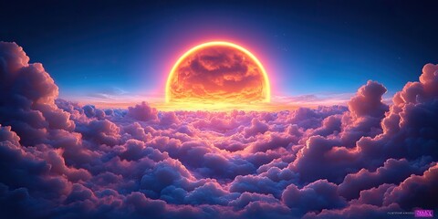 Wall Mural - Surreal sunset above a sea of vibrant clouds with a large, fiery celestial body.