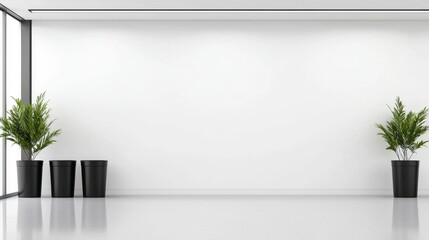 Poster - minimalist interior design featuring clean white walls, large windows, and potted plants creating br