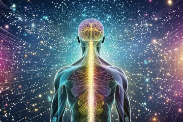 abstract human figure with glowing spine in cosmic nebula
