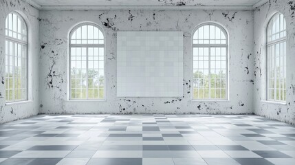 Poster - Abandoned White Room with Large Windows and Grungy Walls, Ideal for Art Installations or Backgrounds in Creative Projects