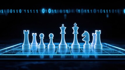 Poster - Futuristic Digital Chessboard with Glowing Chess Pieces Representing Strategy and Technology in an Abstract Space Environment