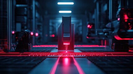 Poster - Futuristic digital setting with glowing red lights showcasing advanced technology and robotic arms in a modern urban environment