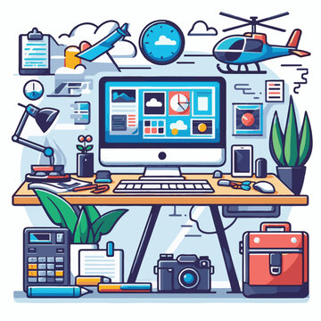 computer, technology, digital, business, communication, laptop, tech, device, design, pc, work, internet, office, web, desktop, monitor, employee, information, modern, data, electronic, vector, backgr