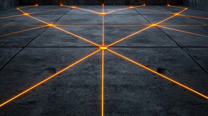 Poster - Futuristic illuminated floor pattern with glowing orange lines in an industrial setting creating a geometric design aesthetic for creative projects