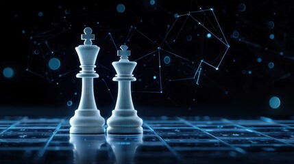 Poster - Digital chess pieces in a futuristic gaming environment showcasing technology and strategy with glowing elements and geometric connections in the background