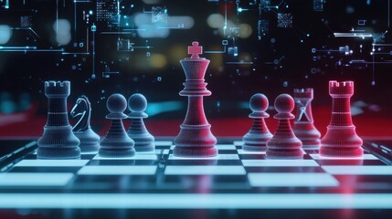 Poster - Digital Chessboard with Futuristic Chess Pieces Surrounded by Data and Technology Elements Reflecting Strategy and Competition in a Virtual Environment