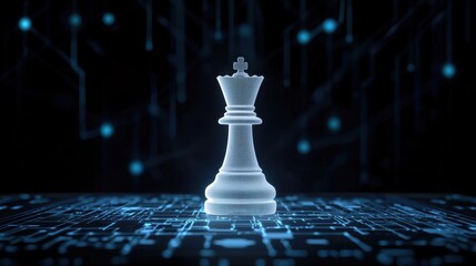 Poster - Digital representation of a chess king piece on a glowing circuit board background showcasing innovation, strategy, and technology in modern gaming.