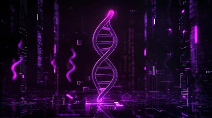 Poster - 3D Illustration of a Futuristic Purple DNA Helix in a Digital Data Environment with Vibrant Neon Effects and Abstract Visual Elements