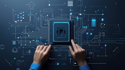 Poster - Hands Interacting with an Advanced Microprocessor on a Dark High-Tech Background Featuring Digital Circuit Patterns and Blue Light Effects