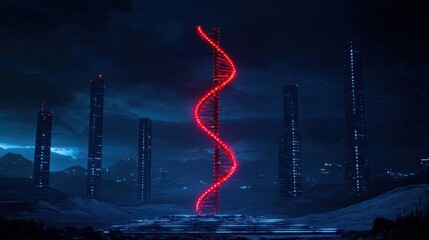 Poster - futuristic night scene with spiraling neon tower surrounded by tall structures against a dark cloudy