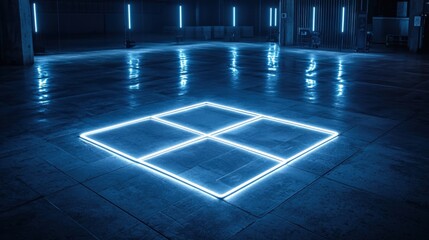 Poster - futuristic space with glowing blue neon lights and reflection on concrete floor in an industrial set