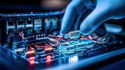Poster - Close-Up of a Human Hand in Blue Glove Adjusting Circuitry on a Modern Electronic Device with Colorful LED Lights Illuminating the Technology